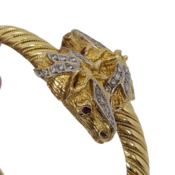 18K Gold Double Horse Head Diamond Ruby Bypass Bangle Bracelet Yellow Gold - Picture 8 of 16